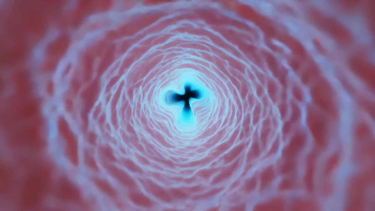 Sequenza che inizia spingendo la telecamera in un vortice ad anello ciano ondulato, rivelando una croce pulsante con una coda.