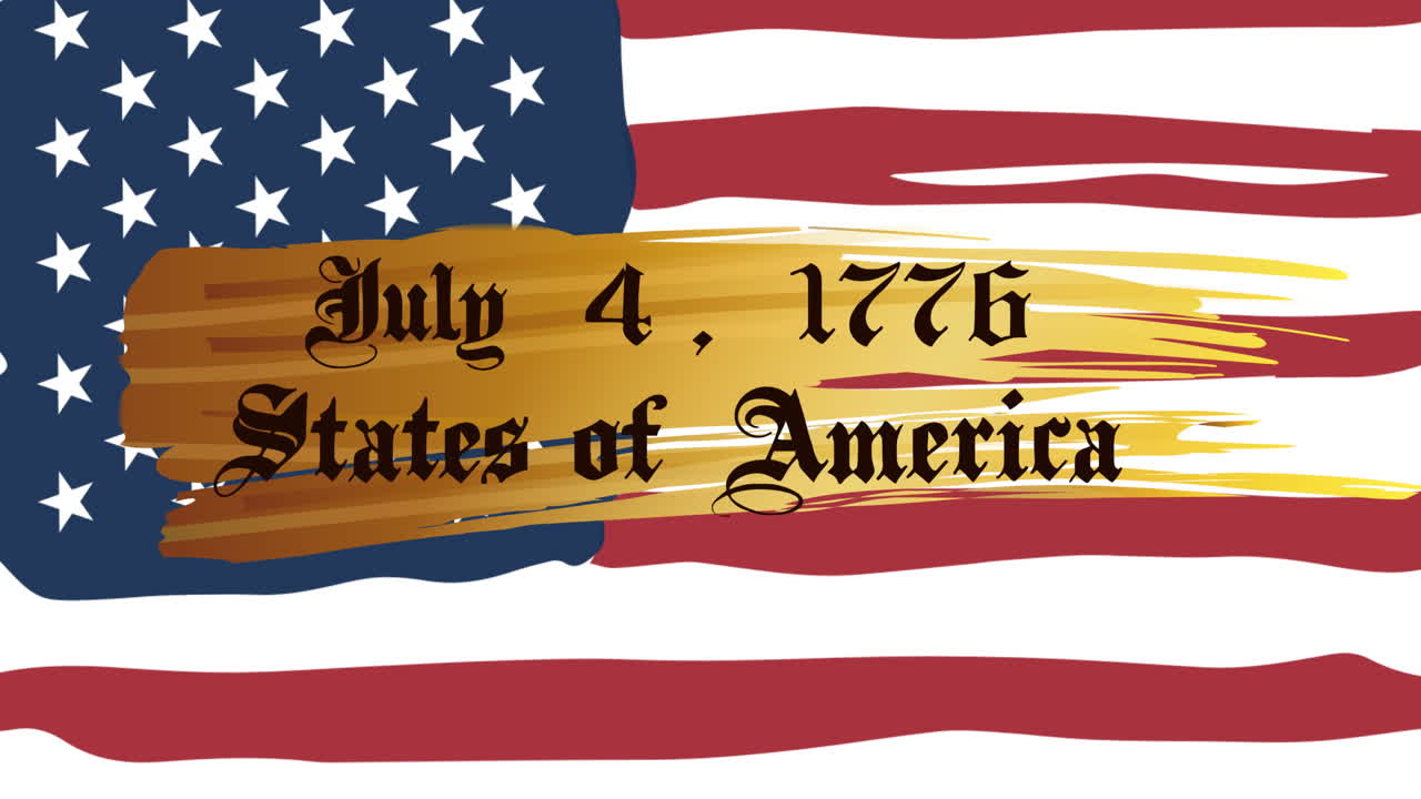 1776년 7월 4일의 애니메이션 미국 국기 위의 텍스트