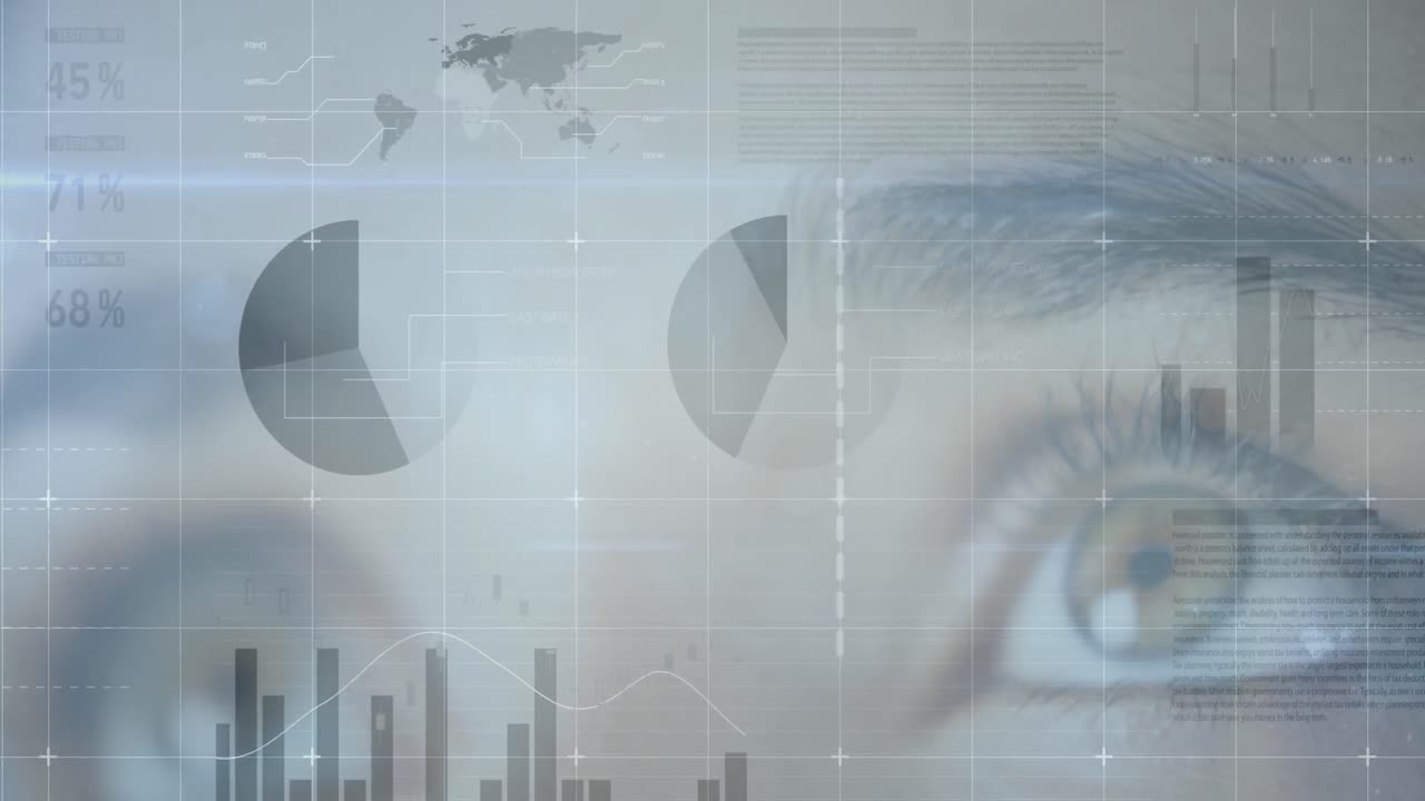 Animation of statistics and data processing over woman's eye in background