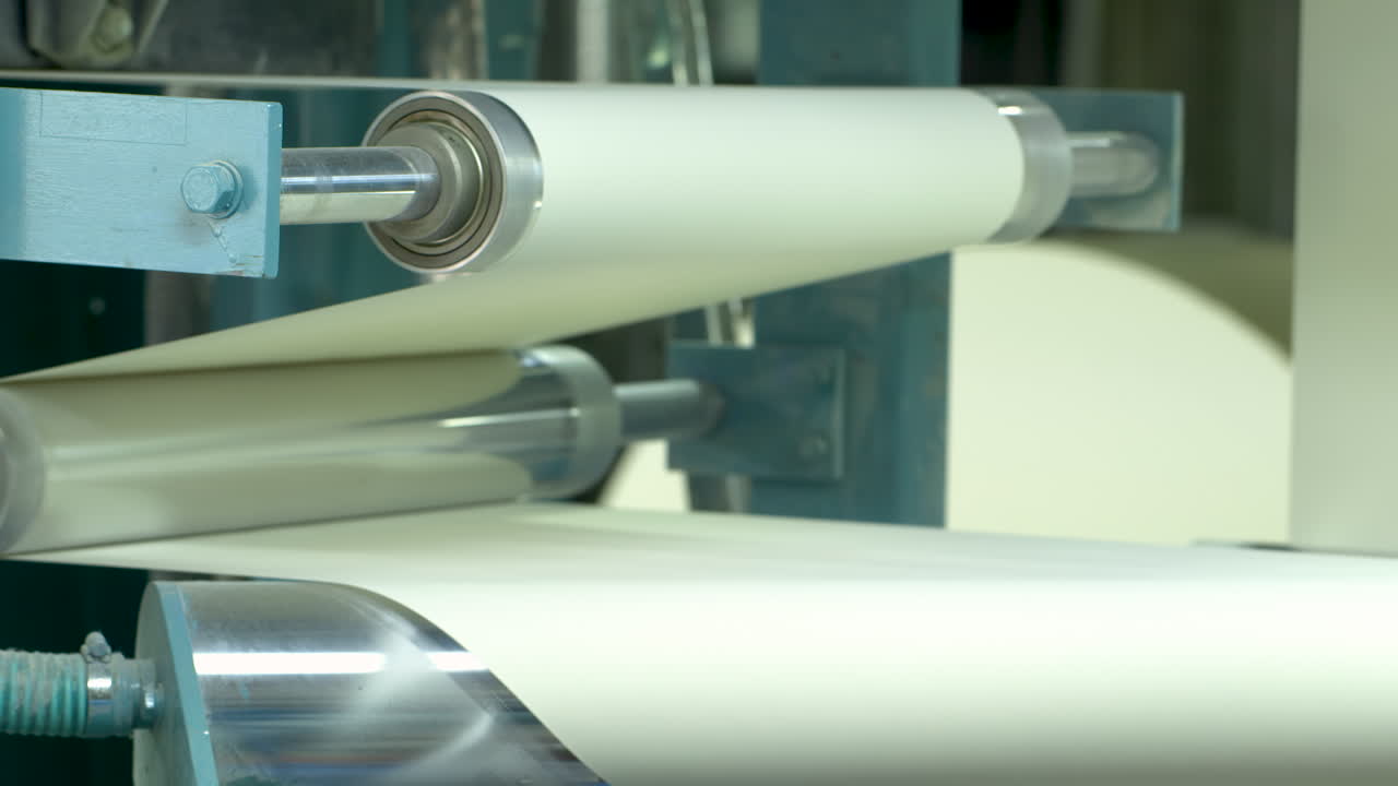 Medium shot of white wallpaper passing between metall rollers