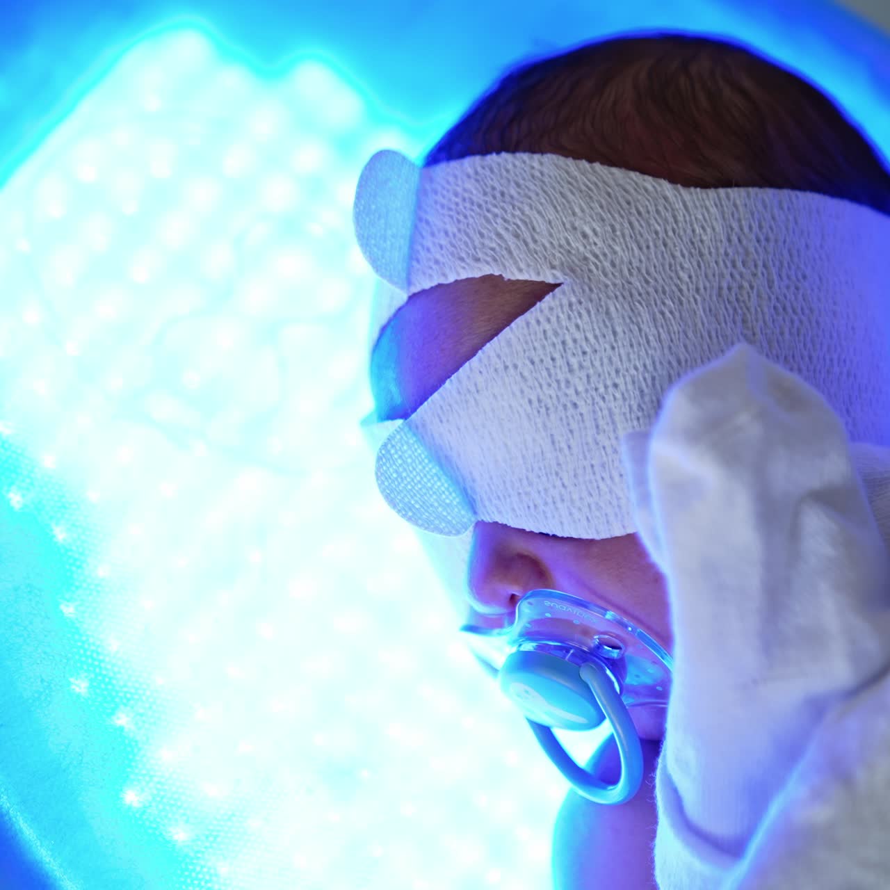 Tiny child with bandage on eyes sleeps on ultraviolet lamp. Hyperbilirubinemia, treatment in the maternity hospital. Close up