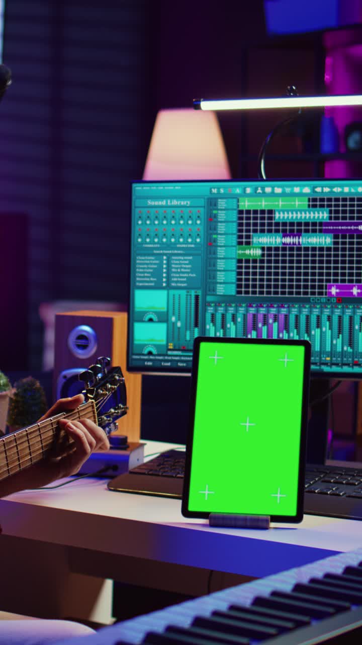 Musicista che suona la chitarra in uno studio musicale domestico con tablet con green screen