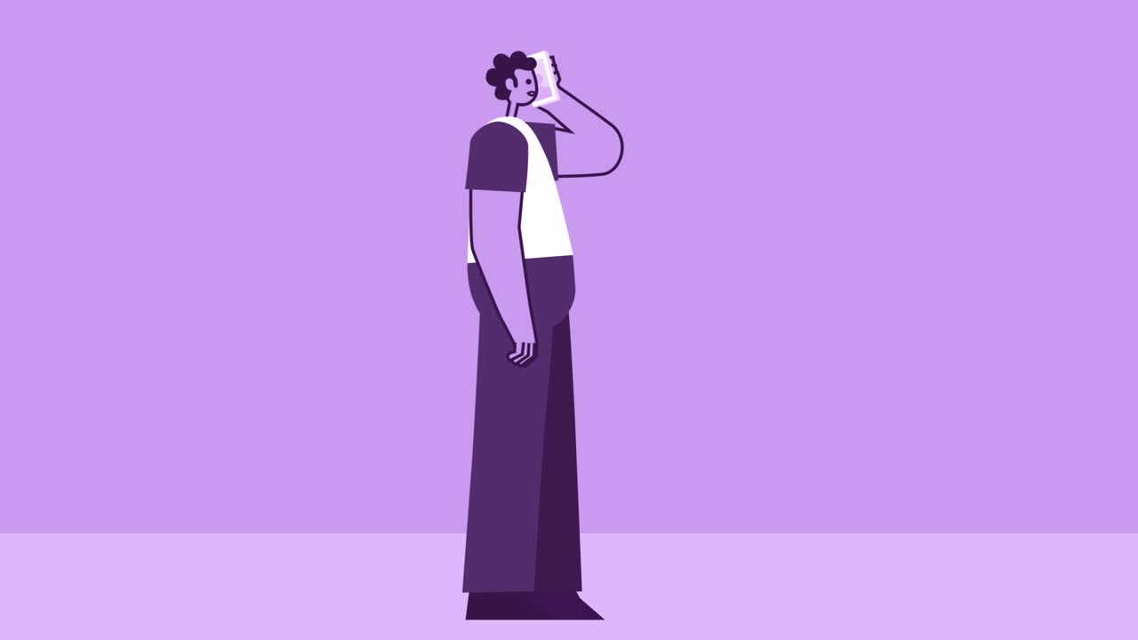 Purple Style Man Flat Character Call Phone. Isolated Loop Animation with Alpha Channel