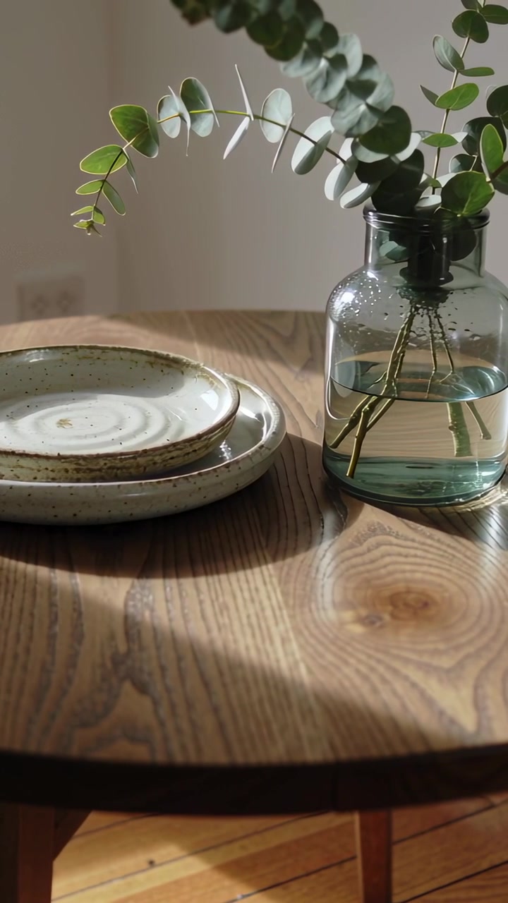 Vídeo vertical: luz solar em movimento incidindo sobre eucalipto em vaso de vidro e pratos salpicados em mesa de casa