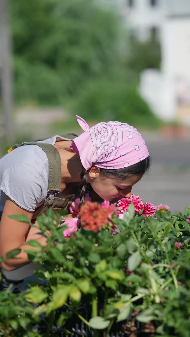 mujer jardinería con dahlias