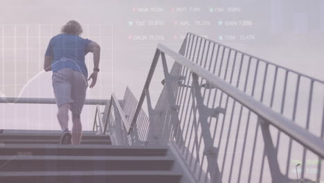 animación de tablero de negociación y múltiples gráficos sobre hombre caucásico corriendo en escalones bajo el cielo