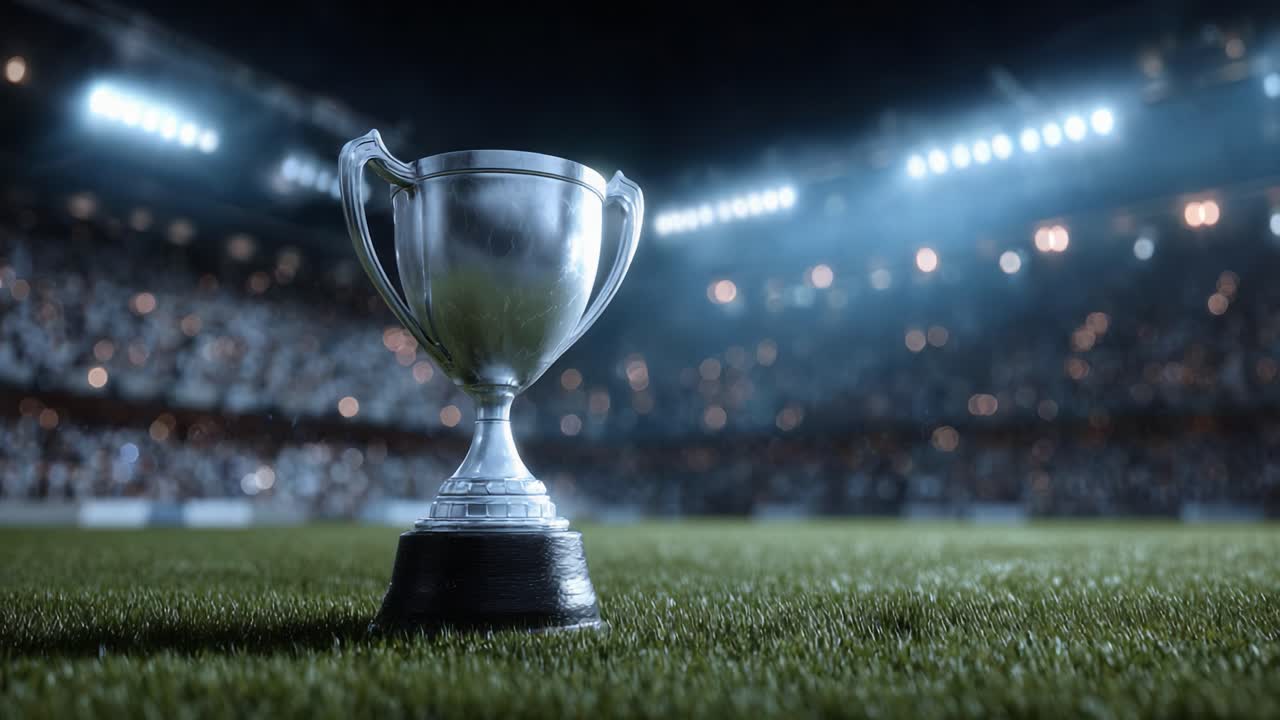 Un trofeo scintillante immortalato in uno stadio, che simboleggia la vittoria e il successo sotto le luci brillanti e l'atmosfera energica di un evento sportivo