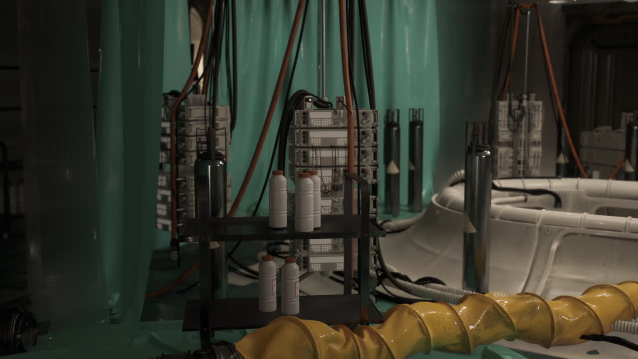 Scientific research equipment in a secret laboratory bunker setting