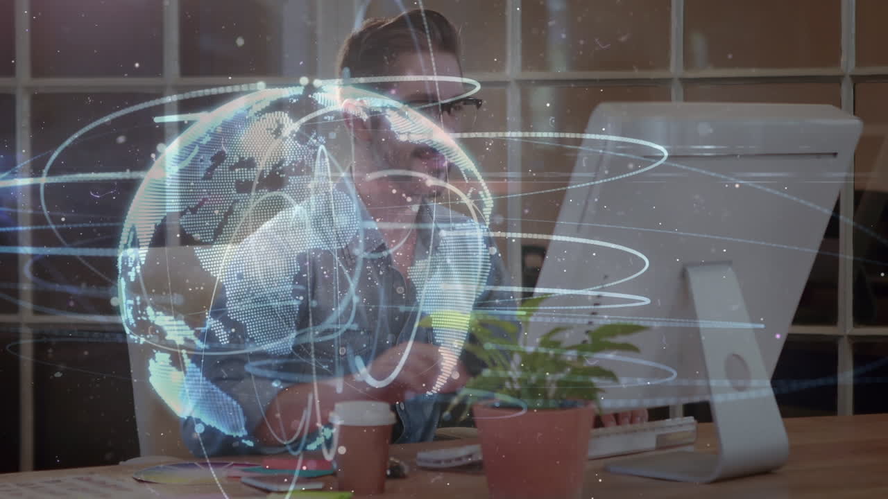 animación del globo y redes de conexiones sobre empresario caucásico usando computadora