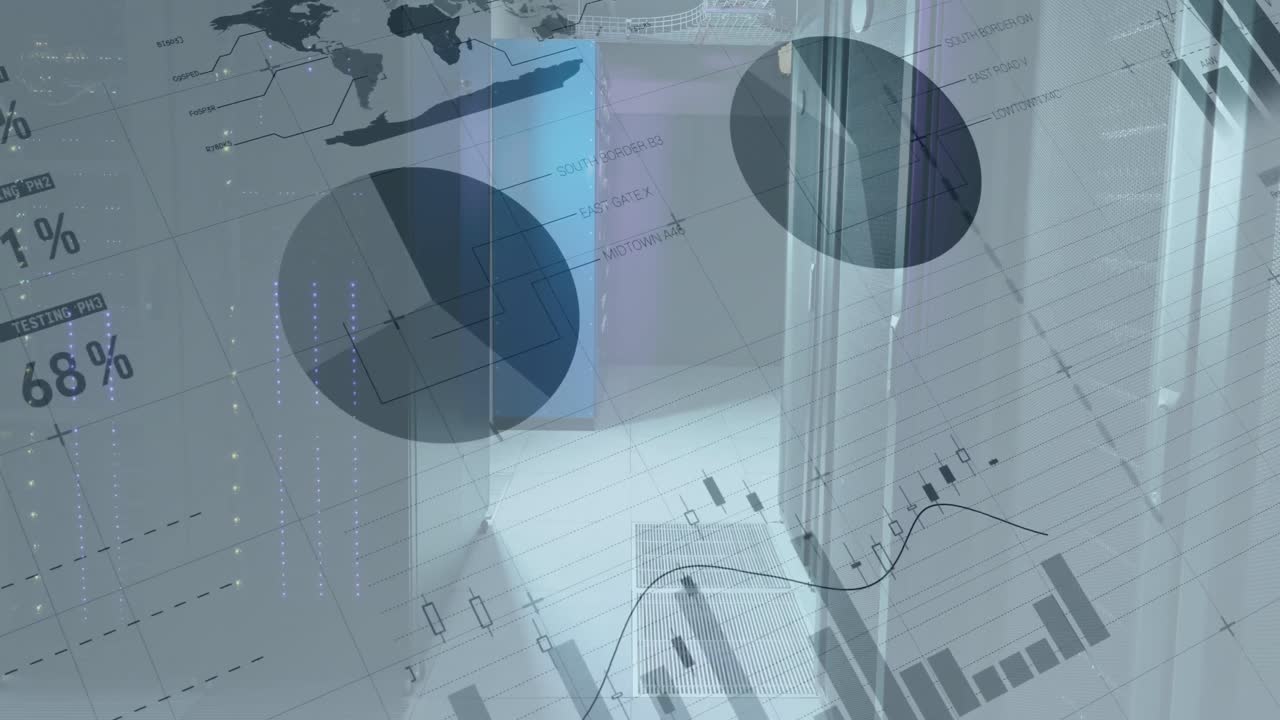 Animatie van statistieken en gegevensverwerking met computerservers op de achtergrond