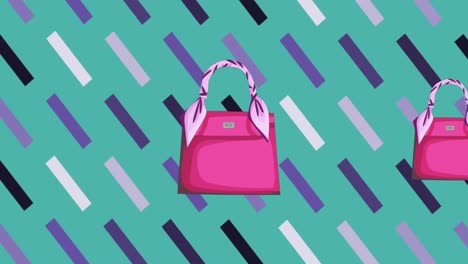 animation of pink handbags over abstract patterns on blue on background