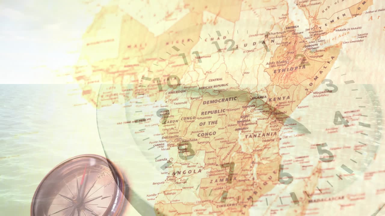 animación de un reloj moviéndose sobre el mapa del mundo con brújula