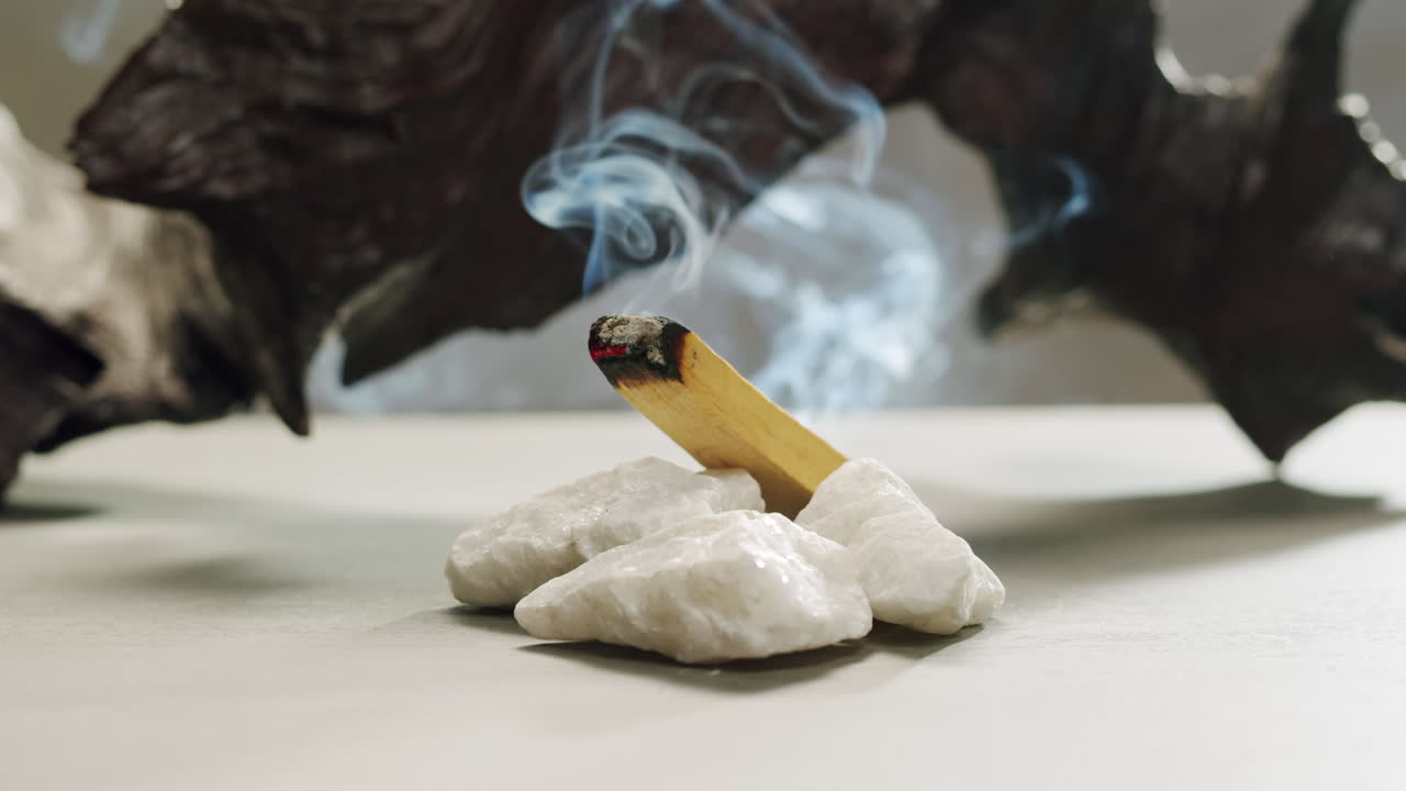 Person holding Palo Santo wood stick in hand, aromatic Palo Santo burning on black background, smoke spreading around, slow motion video clip, high quality 4k close up footage. High quality 4k footage