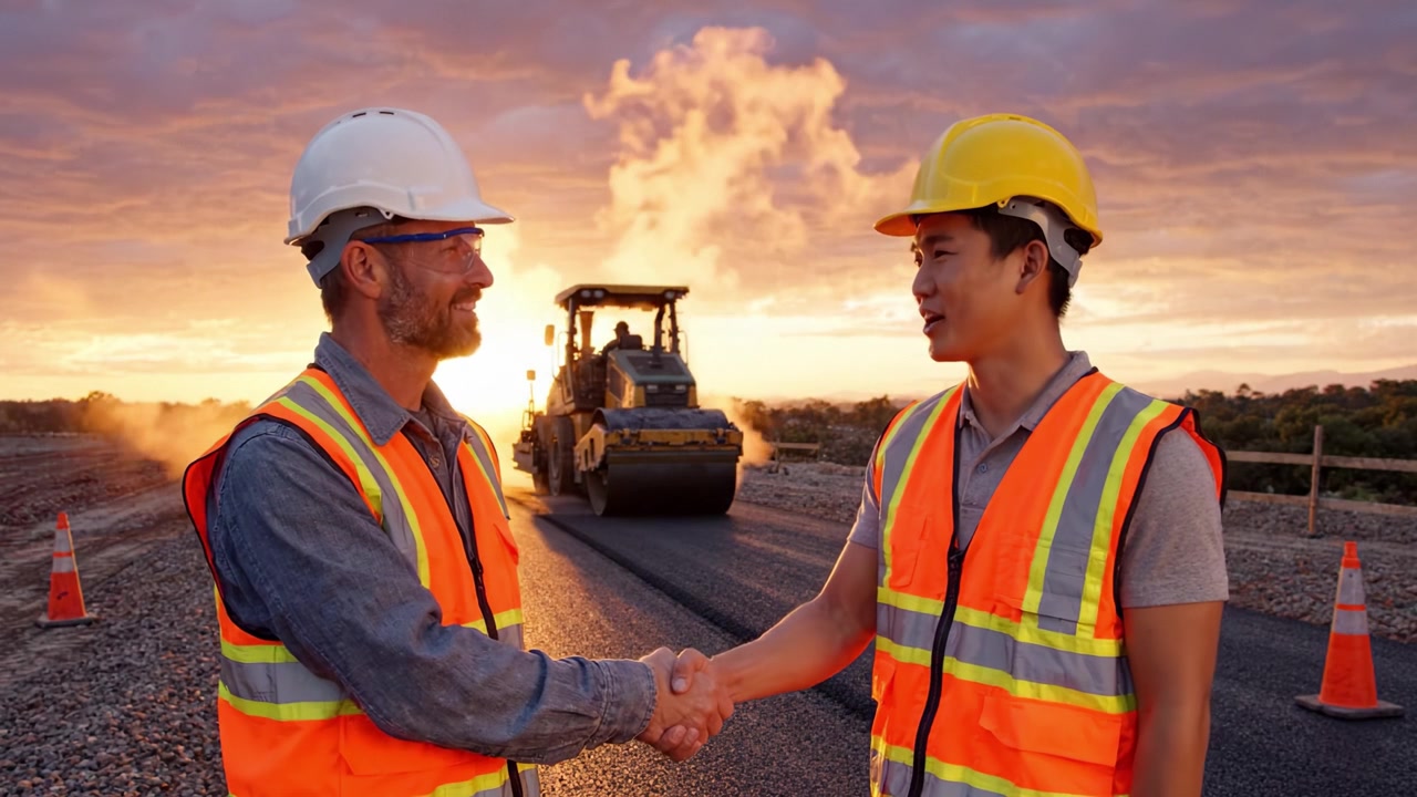 Two Construction Workers Celebrate Collaboration at Sunset on a Newly Paved Road, Showcasing Teamwork and Progress in the Construction Industry