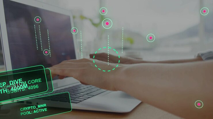 Woman shifting hands and tapping keyboard, activating AR nodes and green panels monitoring crypto