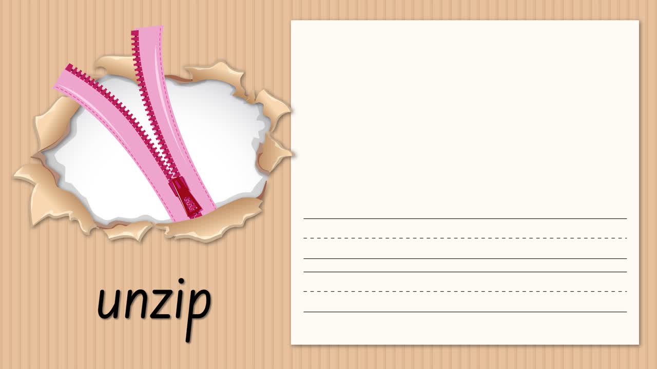 Grafica educativa animata che mostra la scrittura della lettera U insieme a un'illustrazione di una cerniera rosa che si apre.