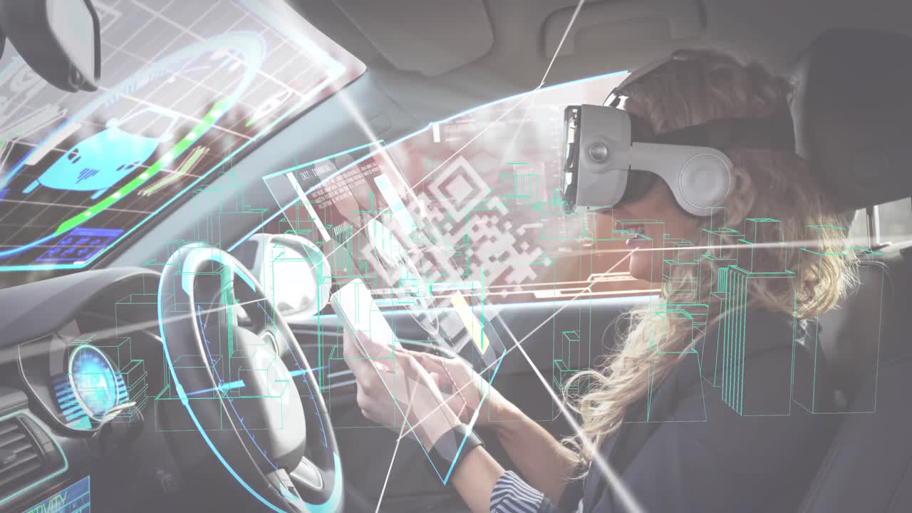 сканер qr-кода против женщины, носящей vr-гарнитуру, использующей цифровой планшет в самоуправляемой машине