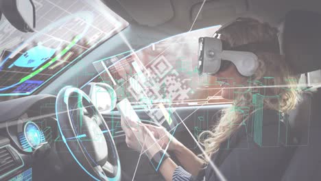 escáner de código qr contra mujer que usa auriculares vr usando tableta digital en coche de conducción autónoma