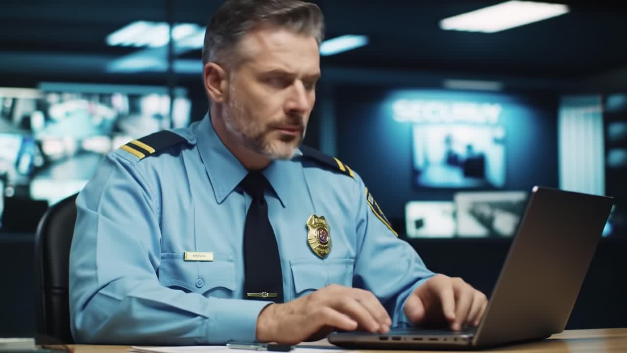 Police Officer Working on Laptop in Control Room