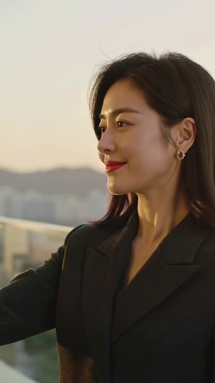 Vídeo vertical: Mulher sorridente de blazer na varanda levantando o telefone, enquadrando o horizonte com capa dourada