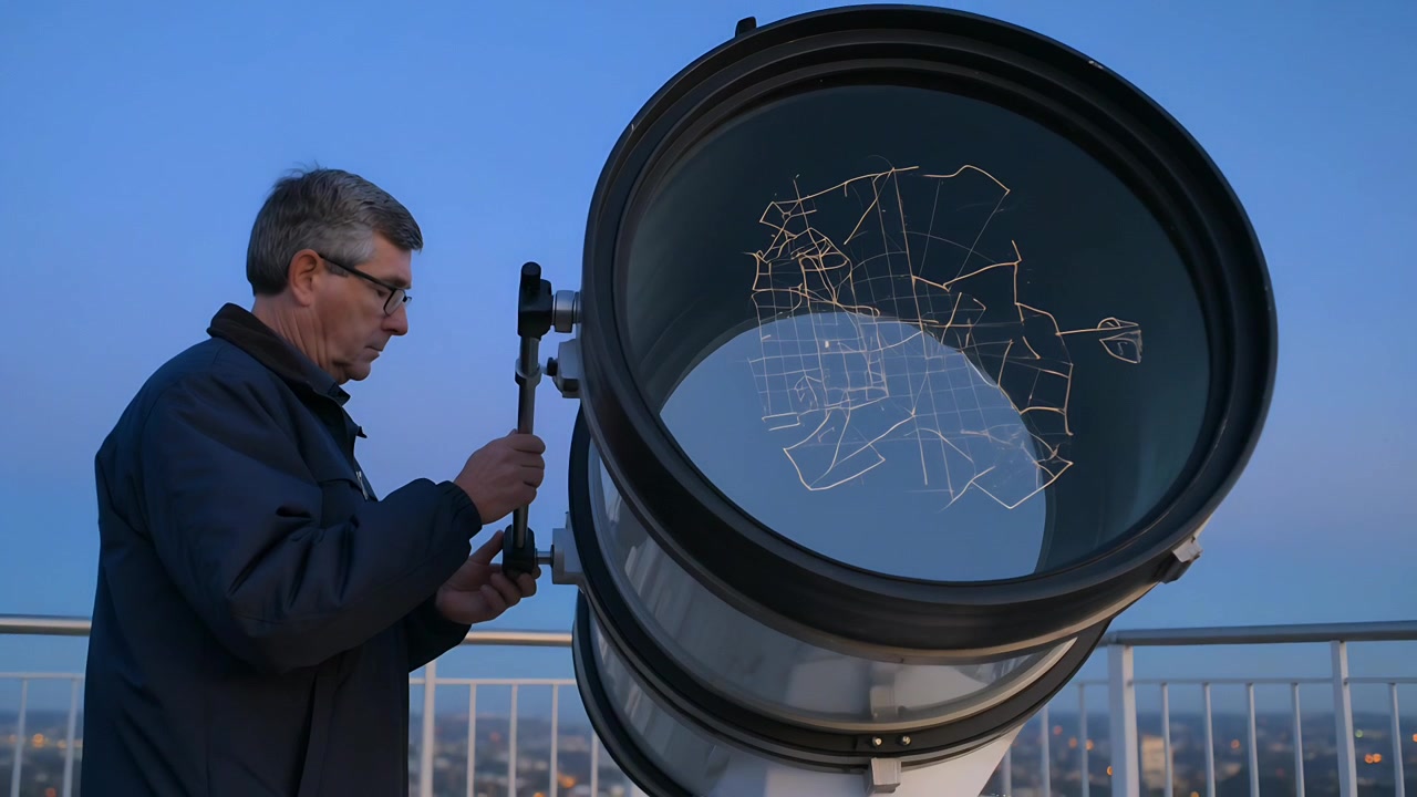 Uomo con cappotto scuro che regola e stringe il supporto del telescopio sul tetto mentre il crepuscolo si intensifica, con un grafico sul vetro.