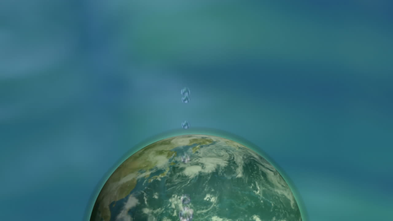Digitale Erde rotiert mit herabfallendem Wasser vor blauem Hintergrund.