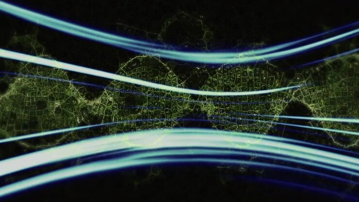 Animation of dna strand over light trails on black background