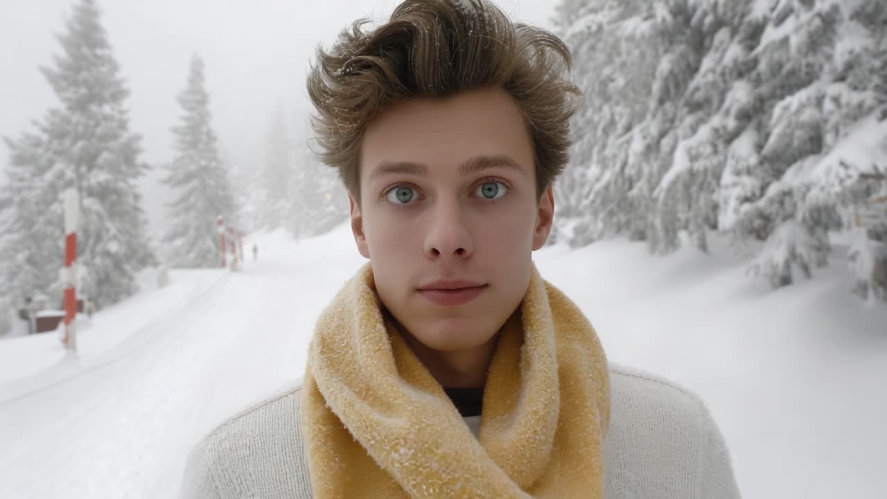 A Young Man in a Winter Wonderland: Playful and Reflective Moments Captured in a Snowy Landscape with Trees and a White Blanket of Snow