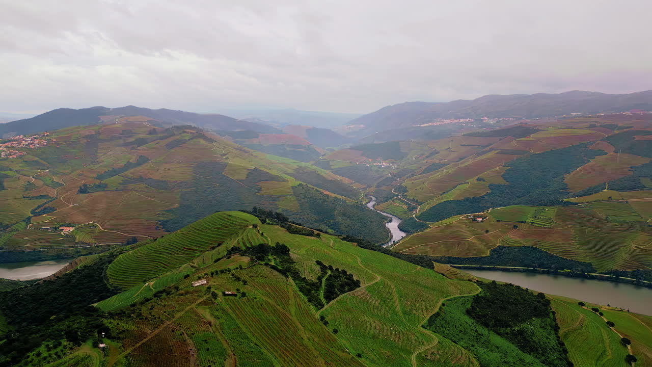 Vista aerea di terreni agricoli terrazzati che ricoprono una valle. Piccoli fiumi che attraversano il paesaggio