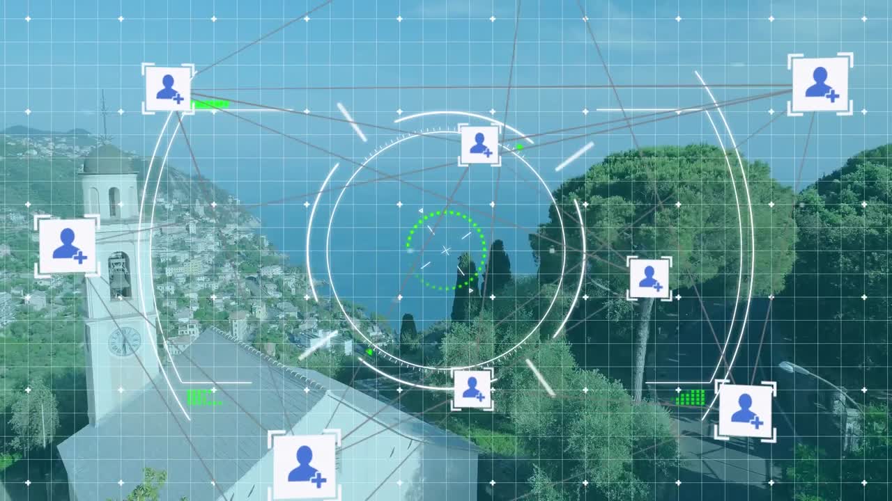 연결 아이콘의 웹과 도시의 공중 전망에 대한 범위 스캐닝