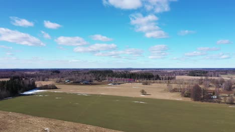 tiro de drone de grande angular voando sobre campo verde vazio perto da floresta no verão