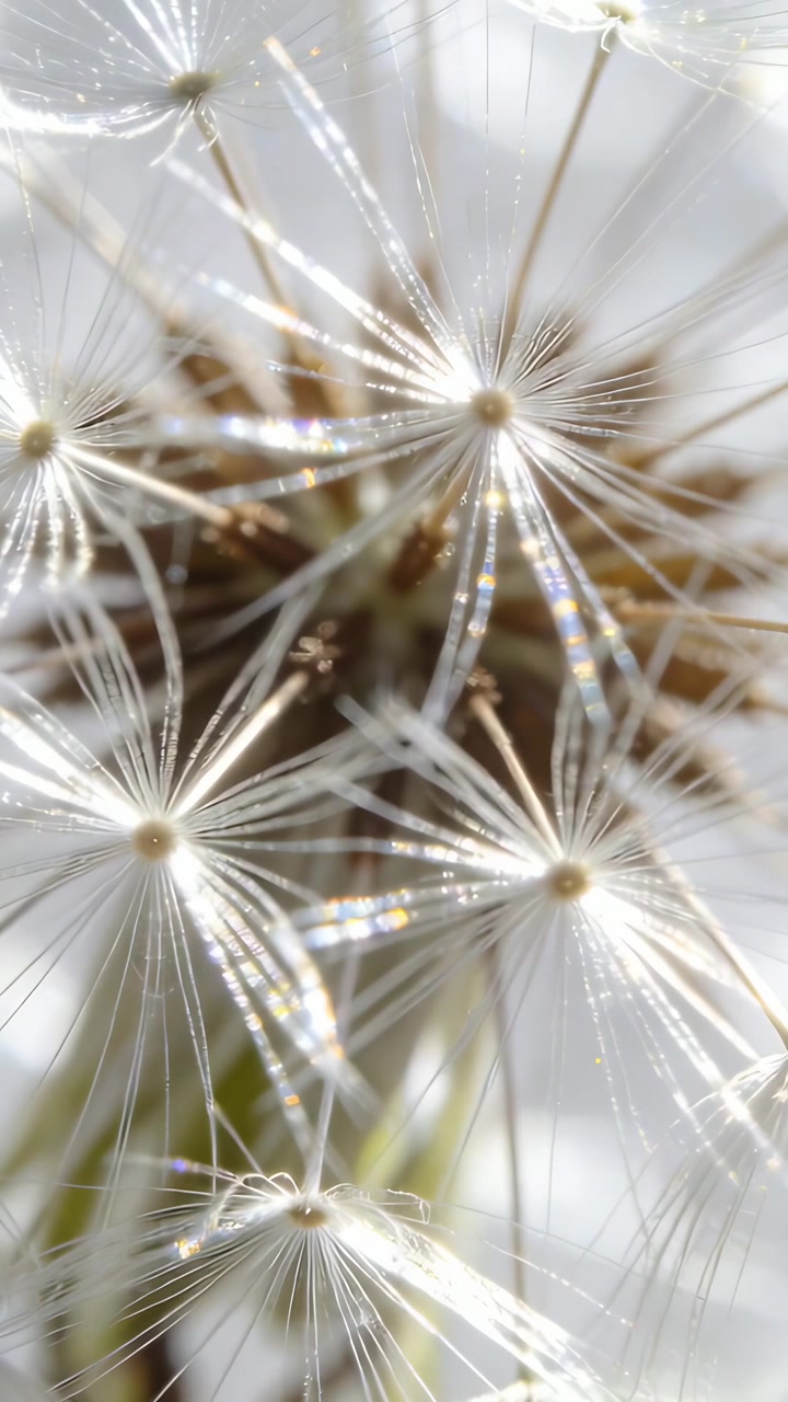 Video verticale: Luce mutevole che fa ondeggiare un soffione in una macro illuminata dal sole, con i pappi che luccicano