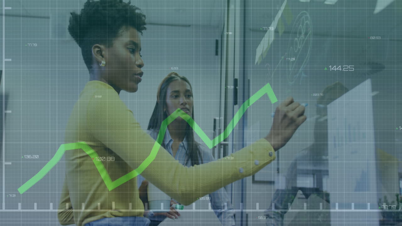 Animation of statistical data processing over two diverse women discussing over whiteboard at office