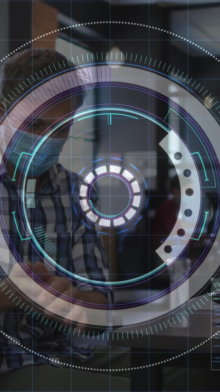 Masked man tapping smartphone in office, HUD appearing over frame and pulsing, showing health data