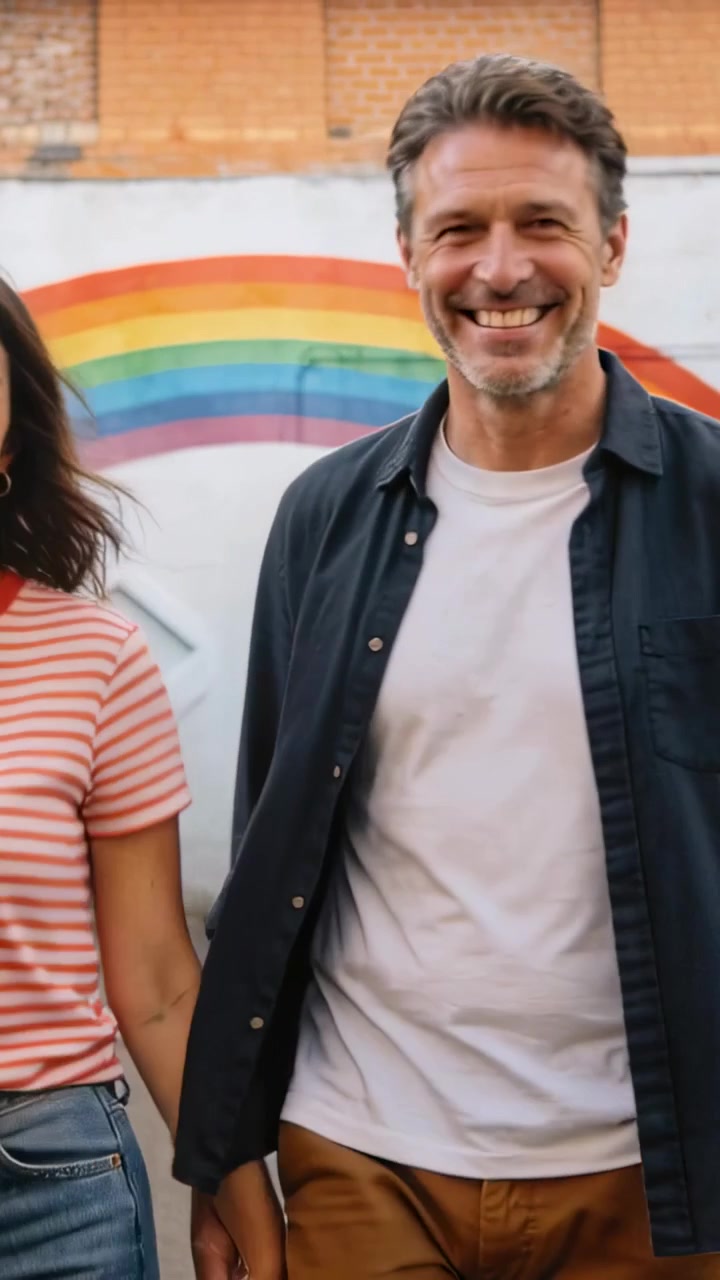Vídeo vertical: Homem de camiseta branca lançando um olhar divertido, alcançando a mulher para passarem por um mural de arco-íris.