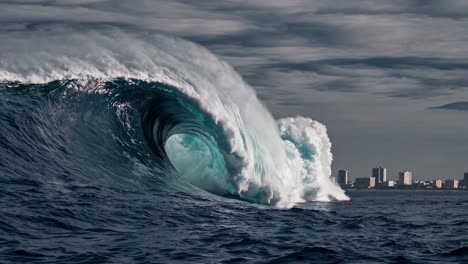 powerful ocean wave curls and breaks with city skyline visible in the distance, showcasing the raw energy of nature against an urban backdrop