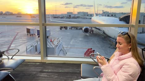 airport terminal, asian young woman tourists sitting and waiting for flight at airport terminal holding and checking smartphone and passport with ticket, browse internet, social media