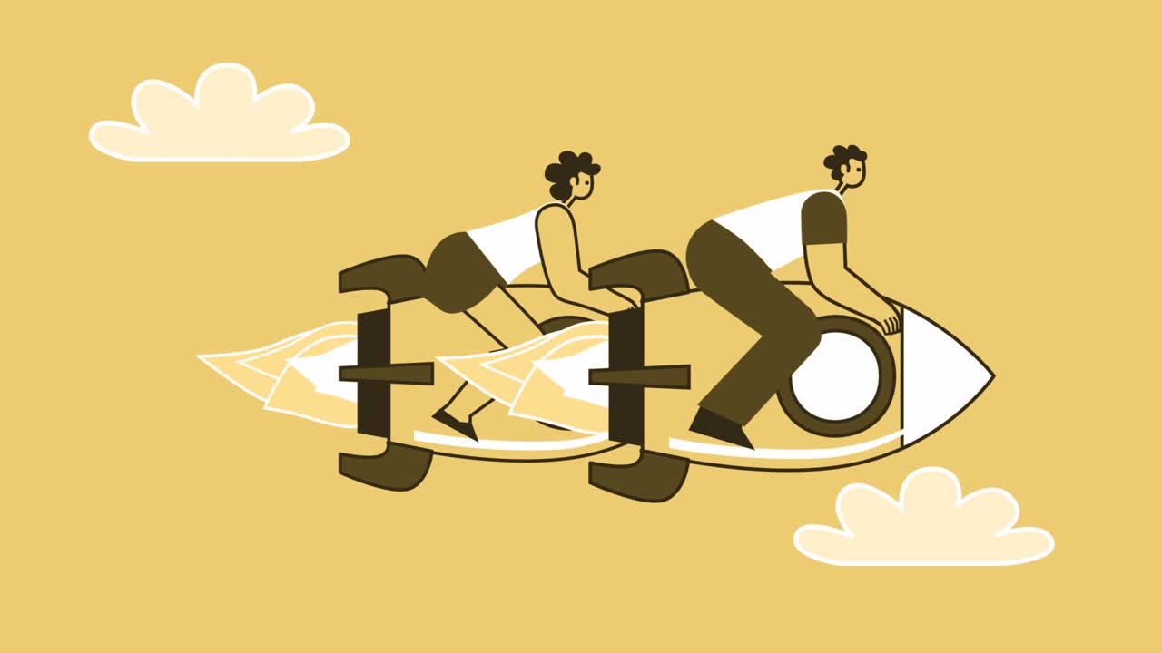 노란색 스타일의 남자와 여자 평평한 캐릭터는 로켓 경주에서 비행하고 경쟁합니다. 알파와 함께 고립된 루프 애니메이션이 중요합니다.