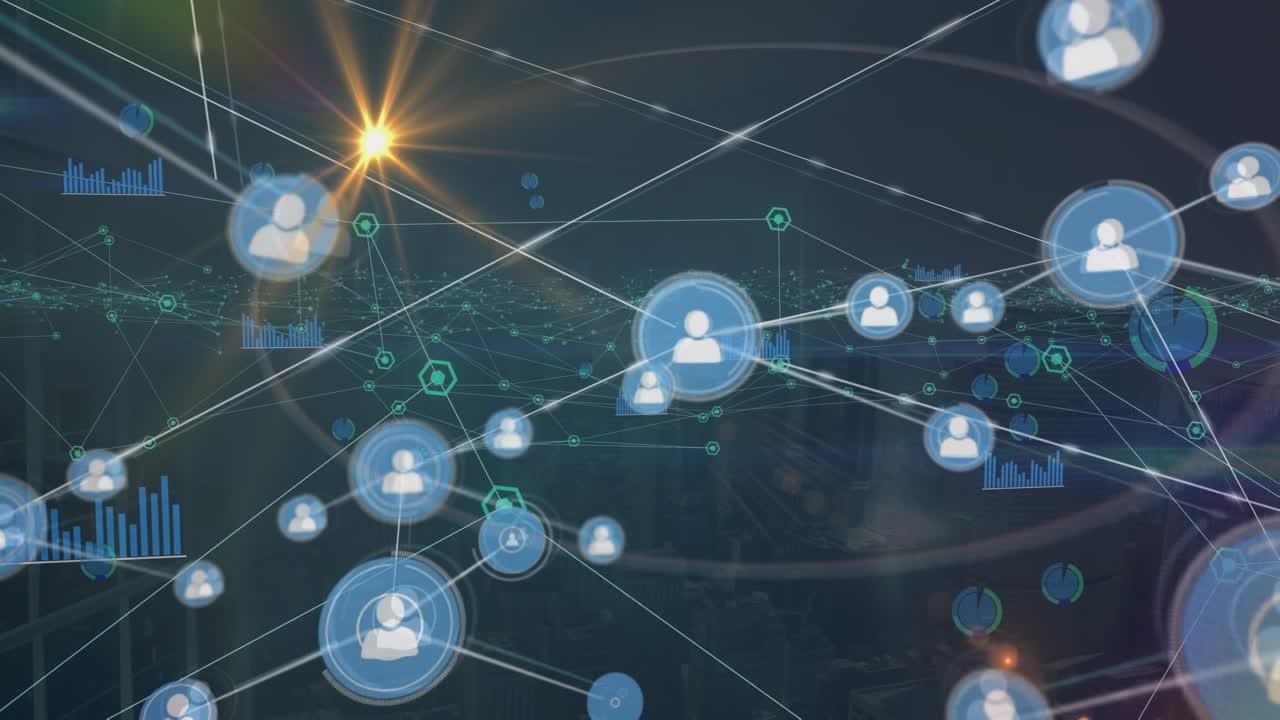 animación de una red de iconos de perfil, procesamiento de datos y punto de luz sobre una vista aérea del paisaje urbano.