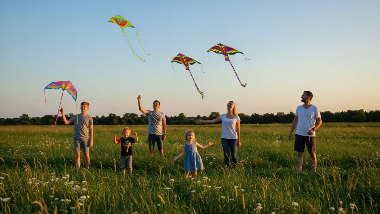 Family flying colorful kites in a sunny field at sunset