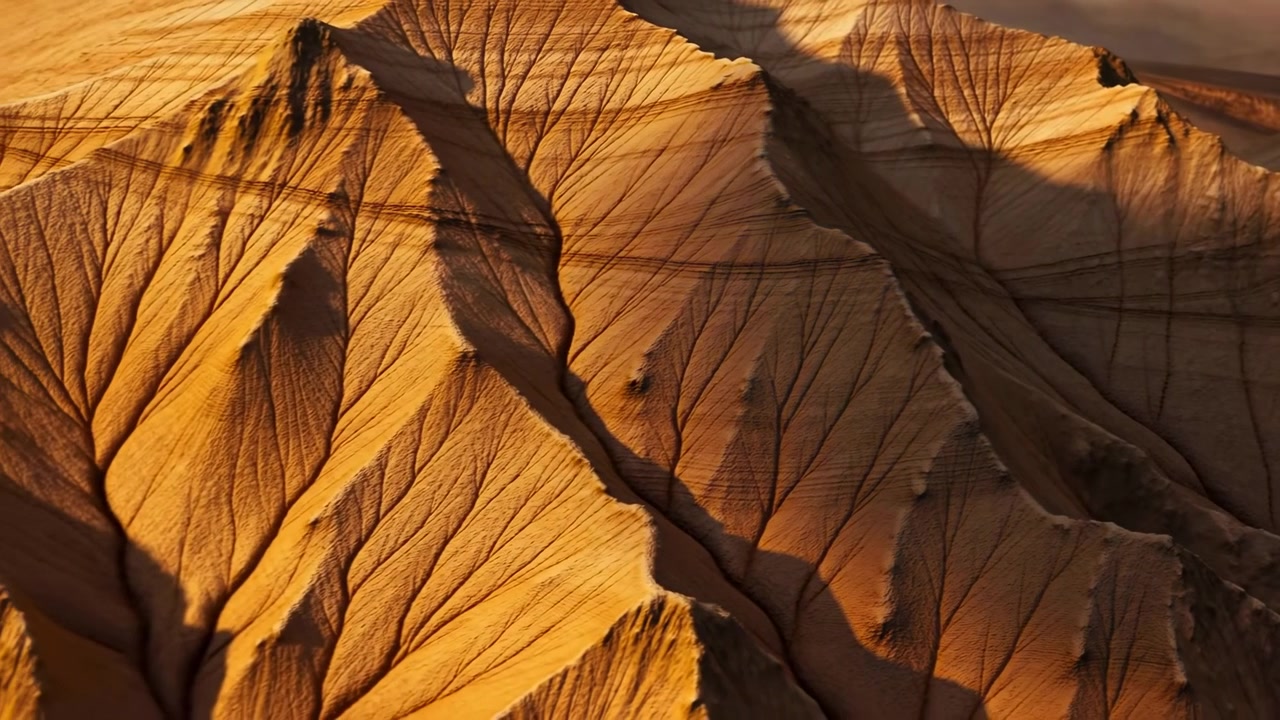 Panorama aereo ravvicinato di ripide creste desertiche e gole di arenaria profondamente erose illuminate dalla calda luce solare radente, che rivelano geologia stratificata, colori ricchi e dettagli drammatici del terreno.