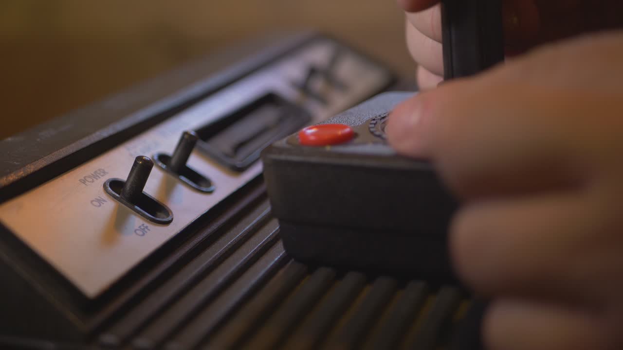 Playing With Vintage TV Video Game Console Joystick. 4K Footage