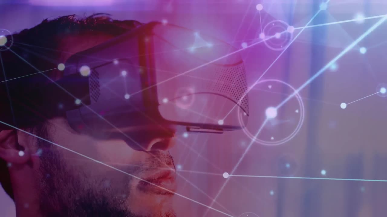 animación de la red de conexiones sobre el hombre que usa auriculares vr