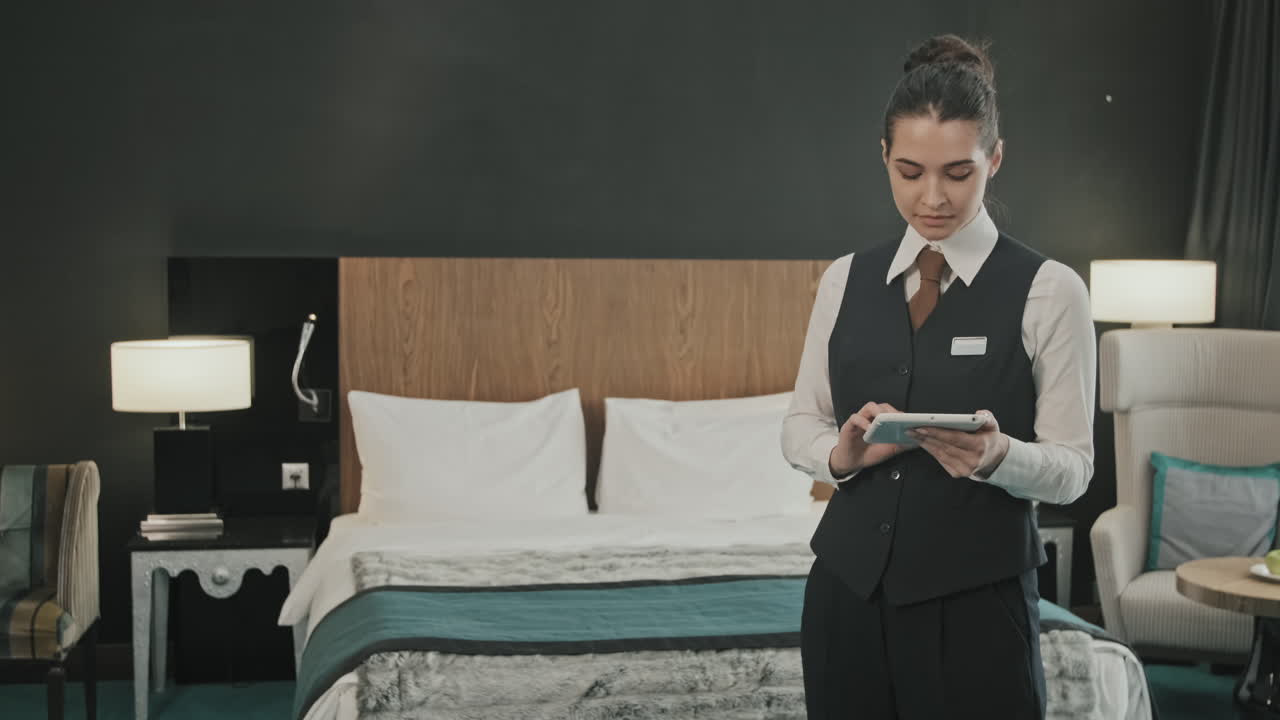Hotel Manager with Tablet in Room