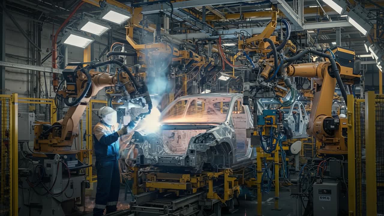 Automated Car Manufacturing Process: A Dynamic Showcase of Robotics and Precision Engineering in Action During Vehicle Assembly with High-Tech Machinery and Welding Techniques