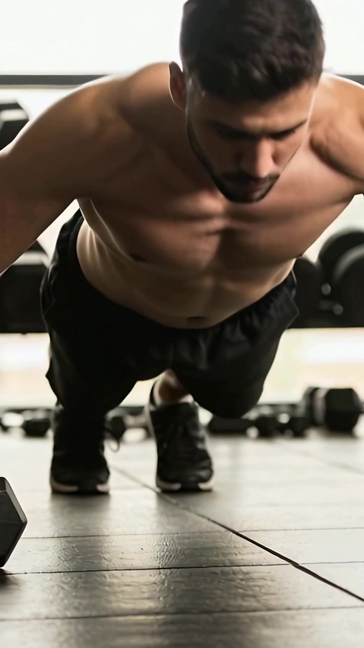 Vídeo vertical: Homem iniciando flexões repetidas na academia sem camisa, segurando um halter hexagonal, treinando.