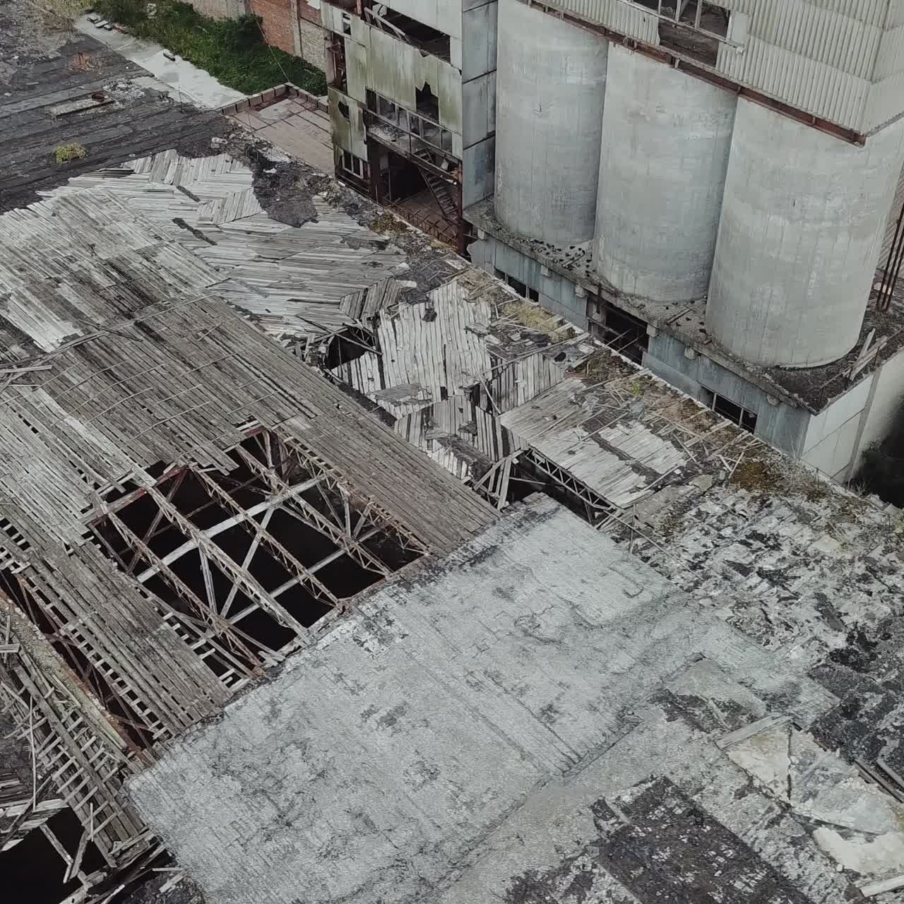 Ruins of a very heavily polluted industrial factory. Old industrial building for demolition. Aerial view