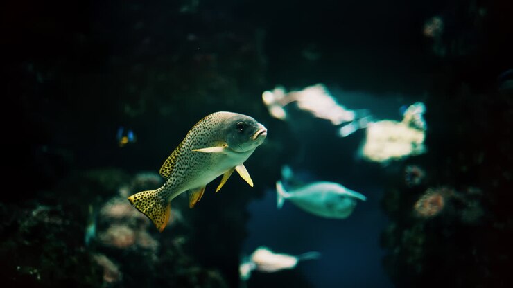 Nahaufnahme eines Plectorhinchus-Fisches, der in der Nähe von Korallenriffen schwimmt