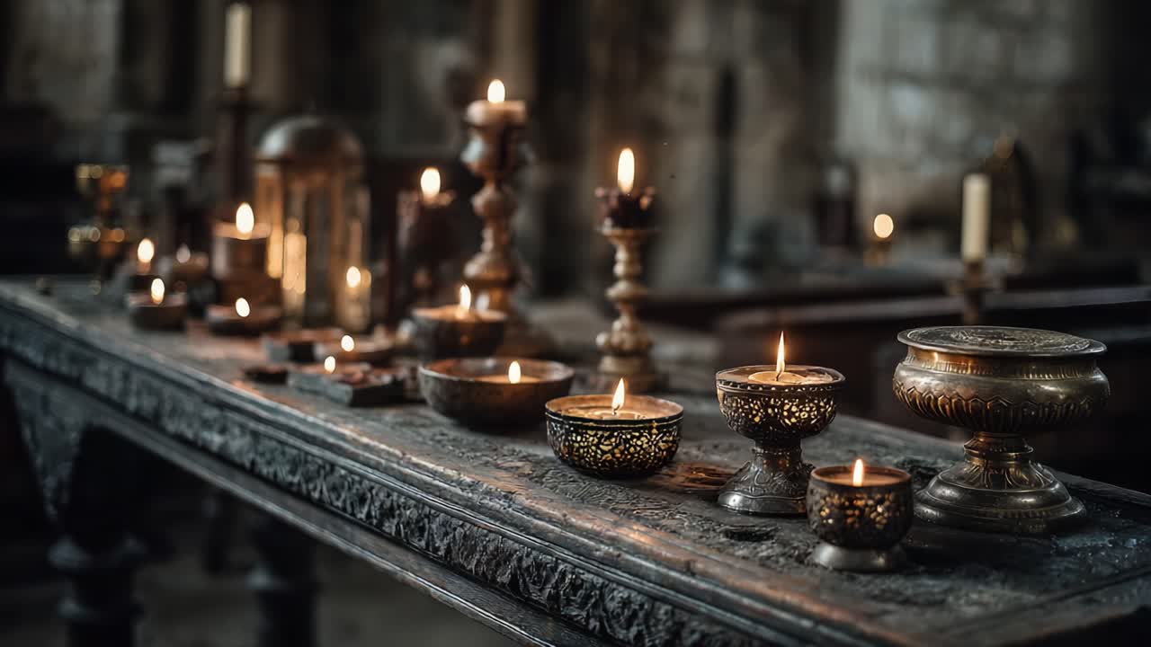 A Serene Display of Illuminated Vintage Candles on an Ornate Table Set in a Mystical, Dimly Lit Interior Evoking an Enigmatic and Historical Atmosphere