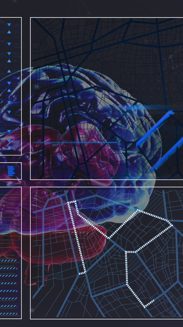 Animation of brain and data processing on black background